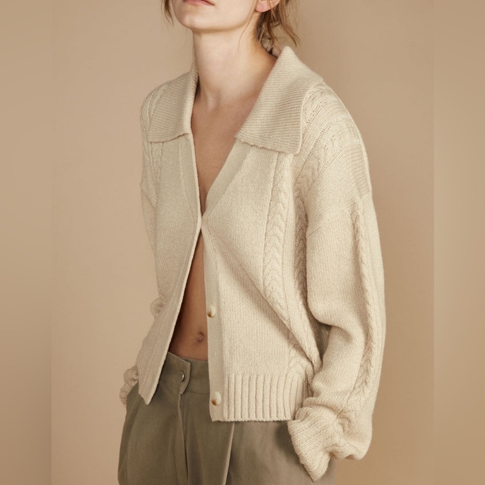 OAK + FORT Cable Knit Button Up Polo Cardigan Sweater